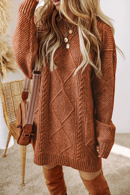 Coffee Twist Cable Knit Drop Shoulder Loose Fit Sweater Dress