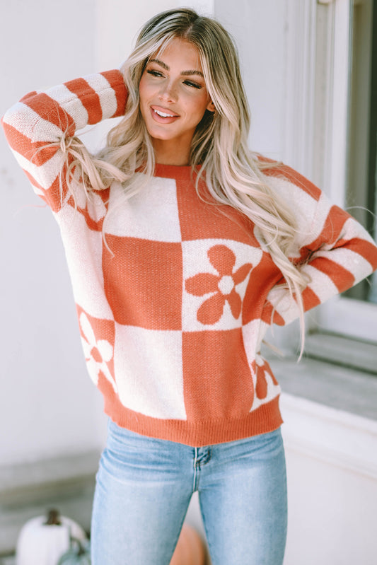 Brown Checkered Floral Print Striped Sleeve Sweater