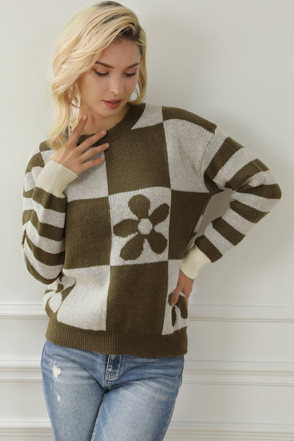 Green Checkered Floral Print Striped Sleeve Sweater