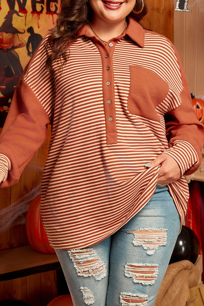 Red Stripe Textured Patched Drop Shoulder Buttoned Plus Size Sweatshirt