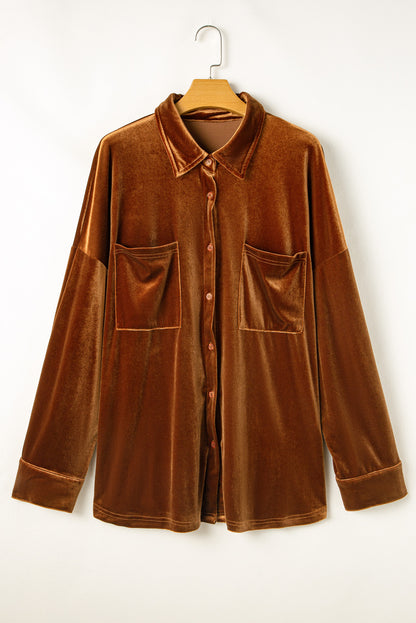 Chestnut Plus Size Velvet Chest Pocket Drop Shoulder Shirt