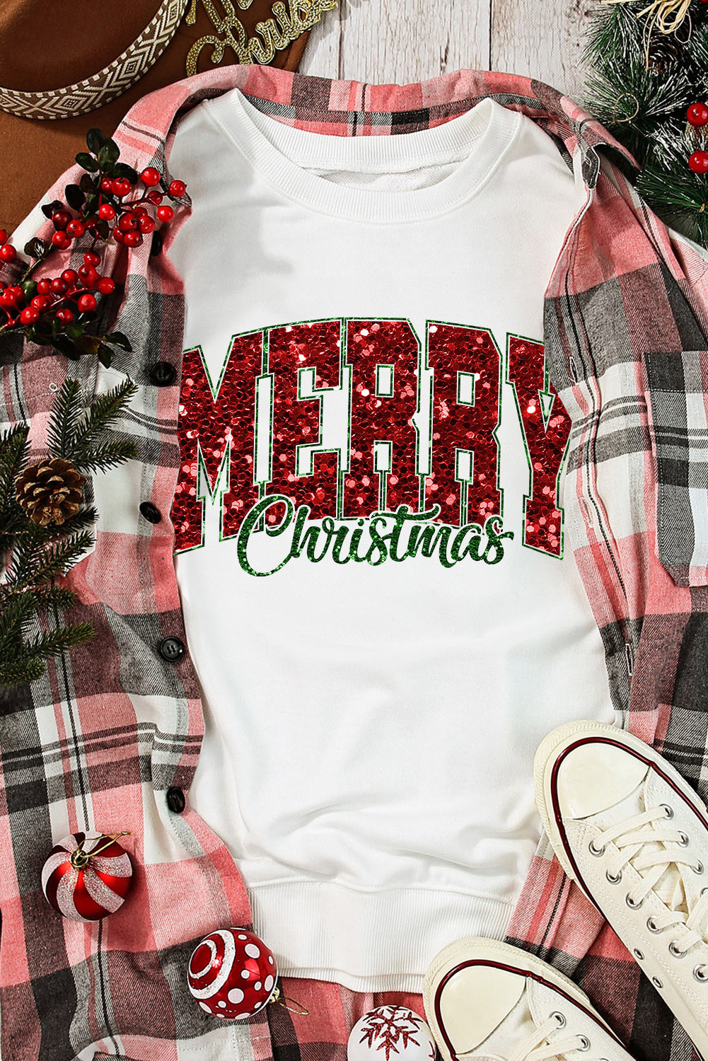 Beige MERRY Christmas Heat Transfer Printing Crewneck Pullover Sweatshirt