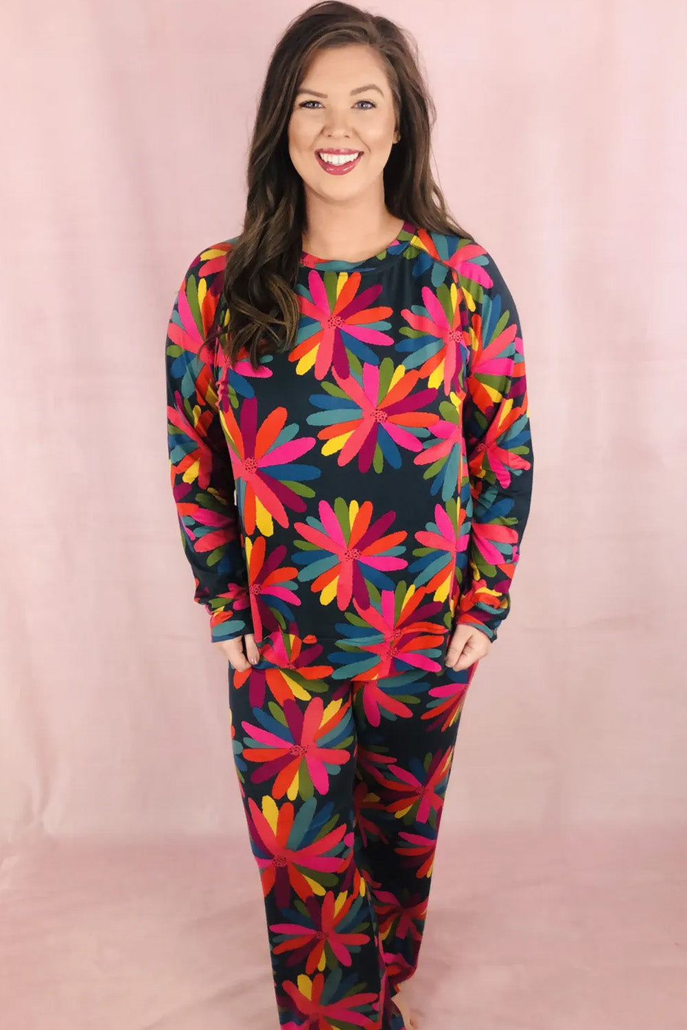 Black Plus Size Printed Long Sleeve and Pants Lounge Set