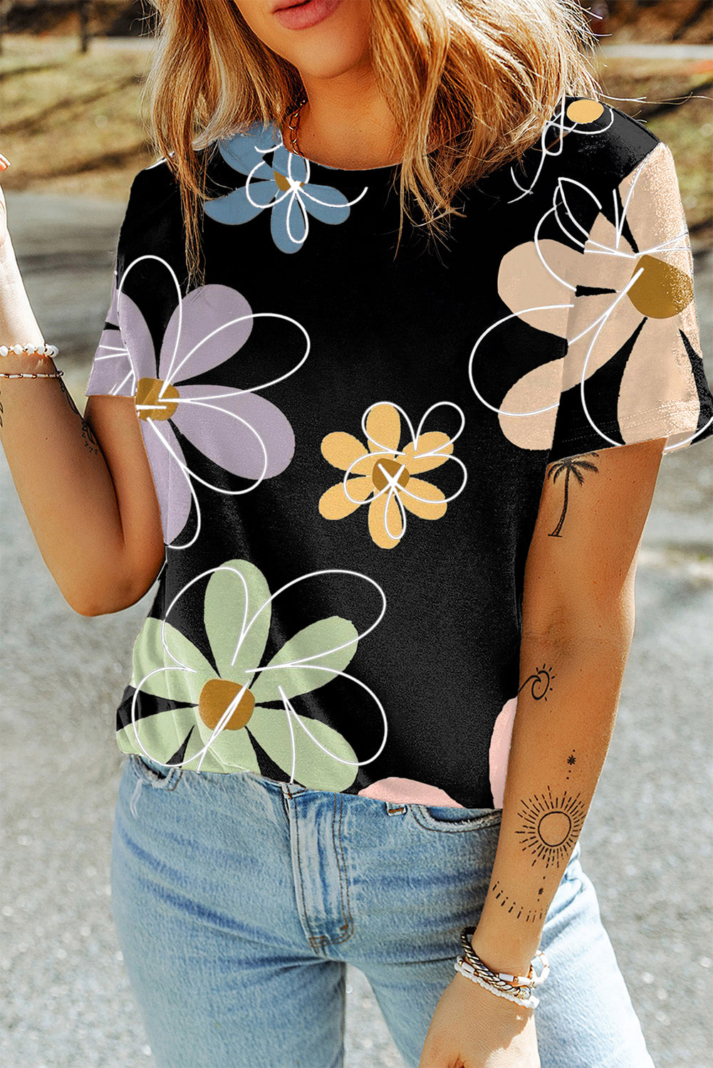 Black Summer Flower Print Casual Round Neck T Shirt