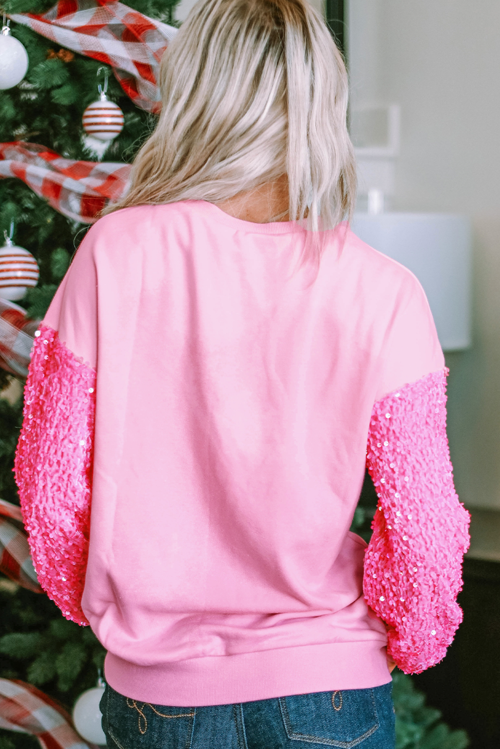 Pink Shiny Father Christmas Graphic Sequin Long Sleeve Top