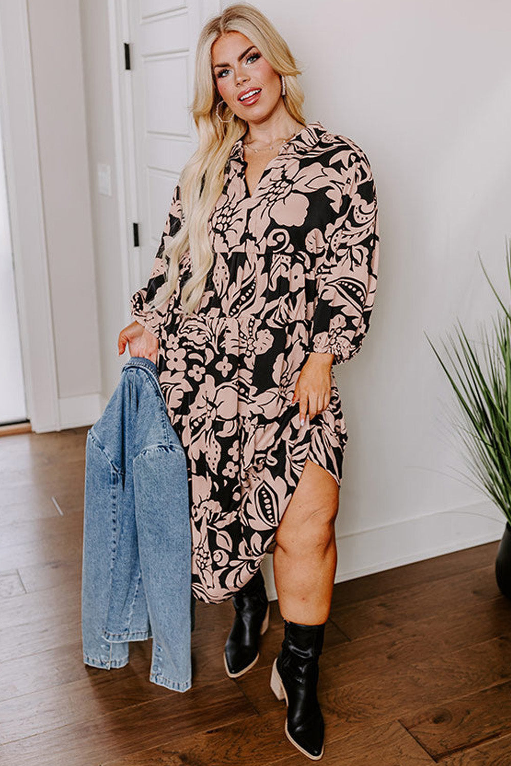 Black Plus Size Floral Printed Puff Sleeve Collared Maxi Dress