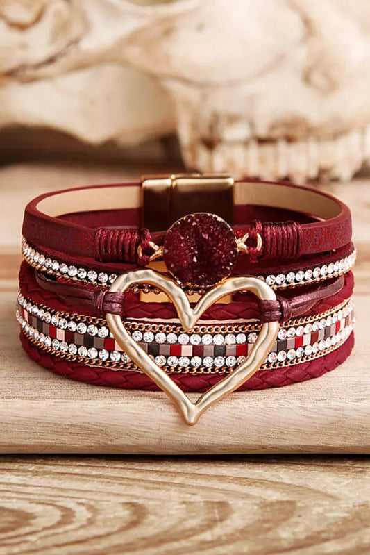 Fiery Red Valentine Rhinestone Heart Layered Bracelet