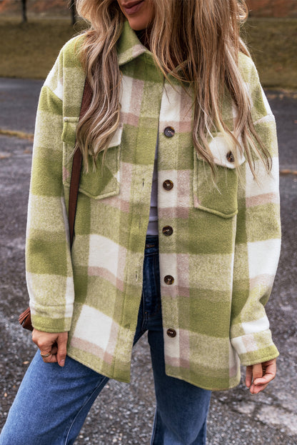 Sage Green Plaid Print Buttoned Flap Pockets Baggy Shacket