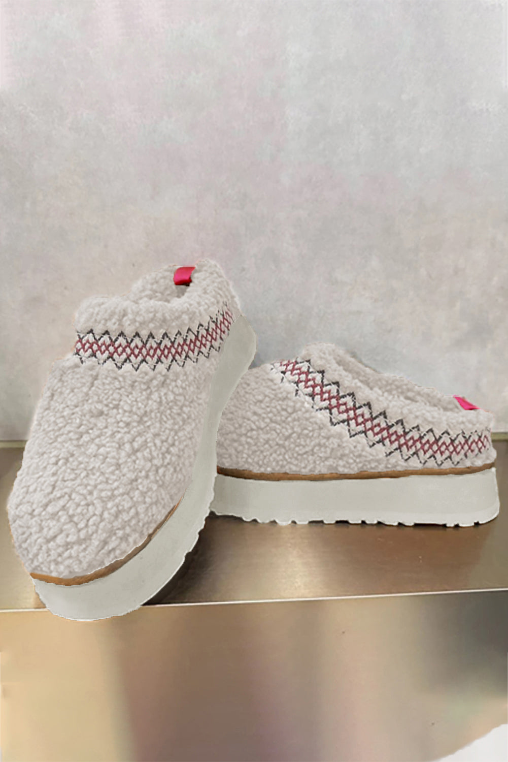 White Embroidered Sherpa Plush Thick Sole Winter Slippers