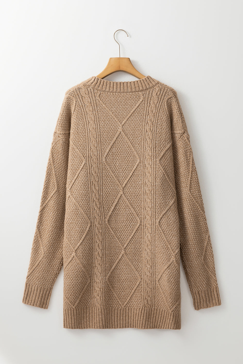 Coffee Twist Cable Knit Drop Shoulder Loose Fit Sweater Dress