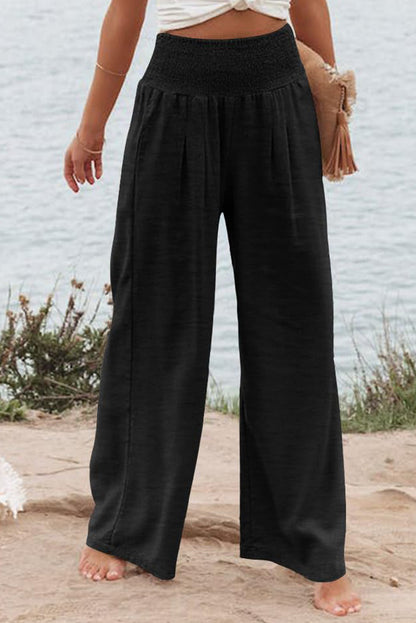 Black Shirred High Waist Plus Size Wide Leg Pants