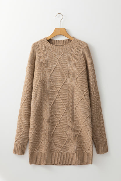 Coffee Twist Cable Knit Drop Shoulder Loose Fit Sweater Dress