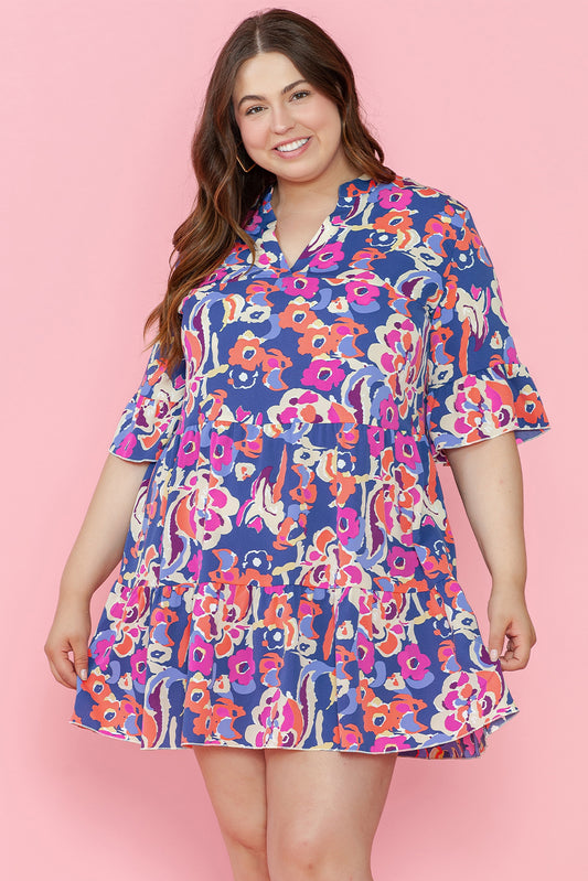 Blue Plus Size Floral Print Ruffled 3/4 Sleeve Mini Dress