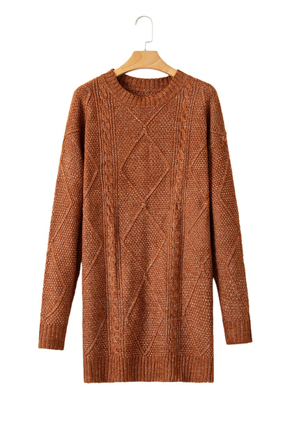 Coffee Twist Cable Knit Drop Shoulder Loose Fit Sweater Dress