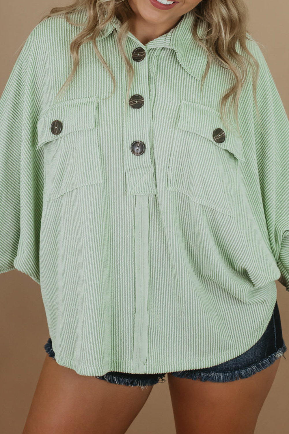 Green Plus Size Ribbed Pocketed Long Sleeve Henley Top