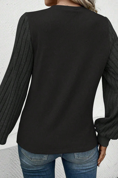 Black Contrast Ribbed Bishop Sleeve Top