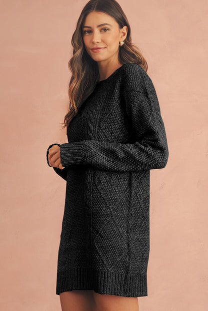 Coffee Twist Cable Knit Drop Shoulder Loose Fit Sweater Dress