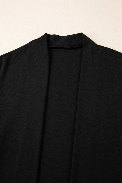 Black Solid Color Open Front Cardigan with Pocket