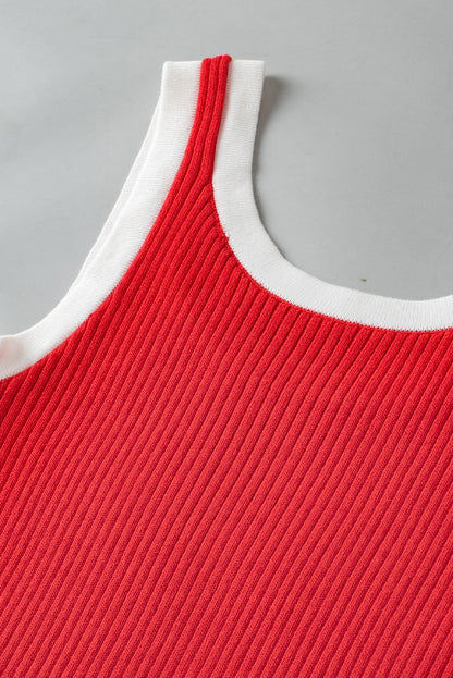 Fiery Red Colorblock Edge Ribbed Knit U Neck Tank Top