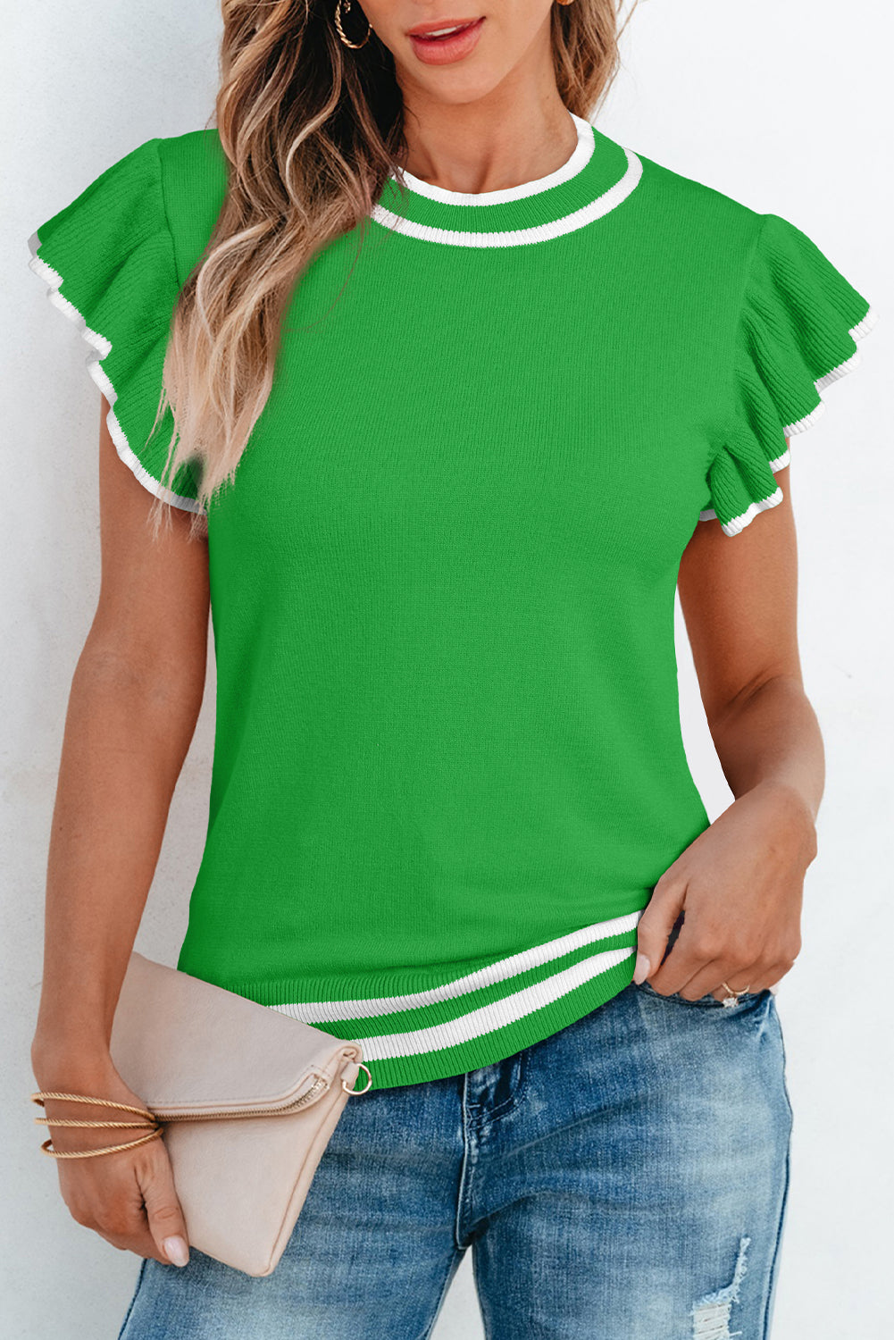 Bright Green Edge Piping Ruffled Sleeve Round Neck Knit T Shirt