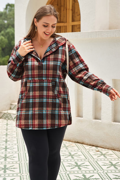 Fiery Red Plus Size Plaid Kangaroo Pocket Drawstring Hoodie