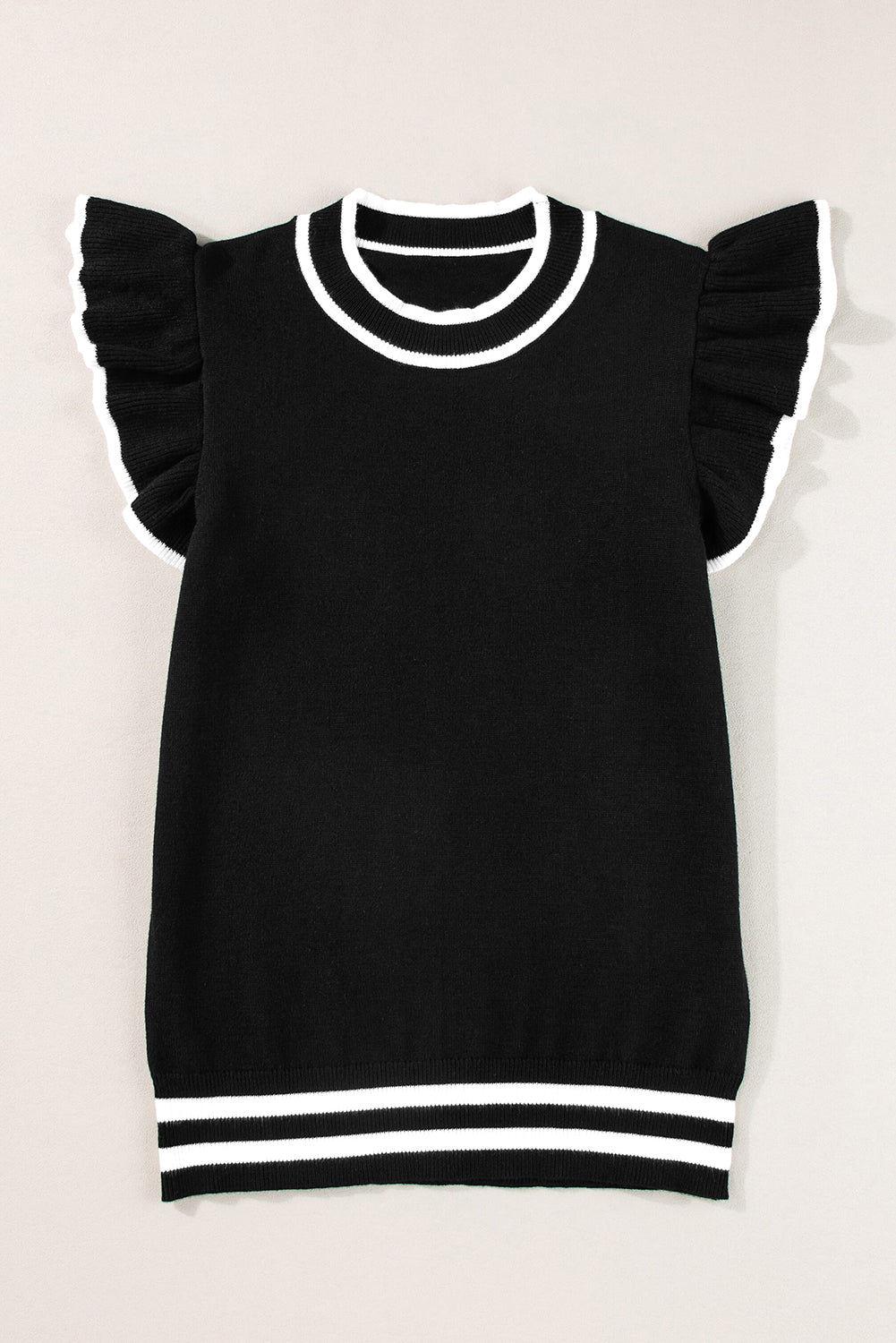 Black Edge Piping Ruffled Sleeve Round Neck Knit T Shirt