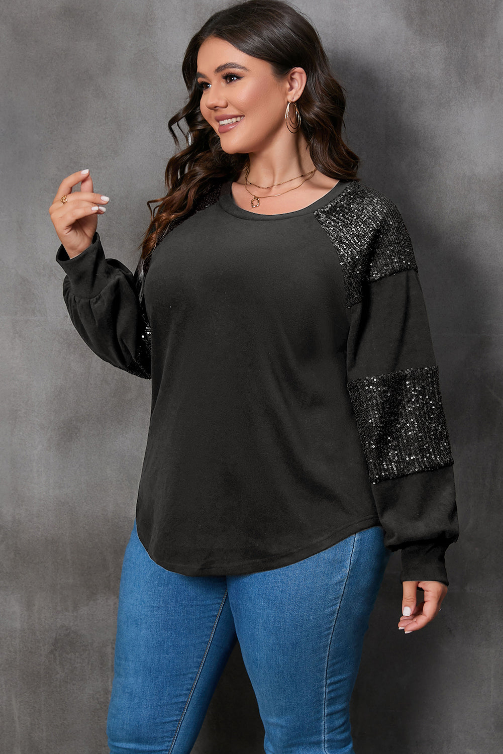 Black Plus Size Sequin Patchwork Crew Neck Long Sleeve Top