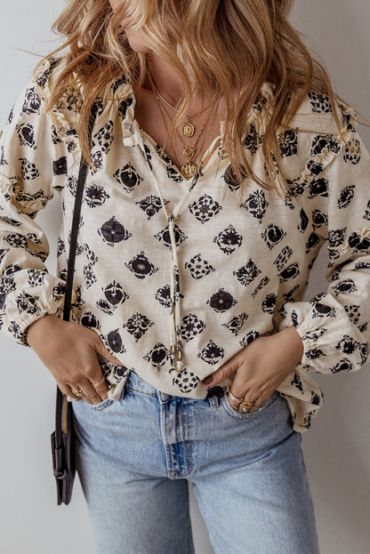 White Printed Split Neck Bubble Sleeve Loose Blouse