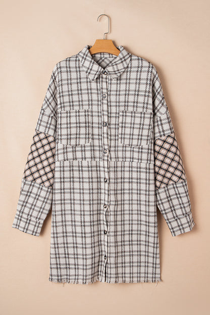 White Stripe Plus Size Plaid Buttoned Raw Hem Tunic Shirt Dress