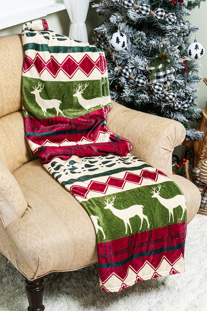 Dark Green Christmas Elk Print Reversible Sherpa Fleece Blanket