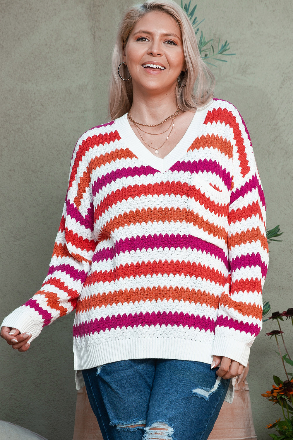 Pink Stripe V Neck Drop Shoulder Plus Size Sweater