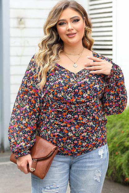 Black Plus Size V Neck Bubble Sleeve Floral Blouse