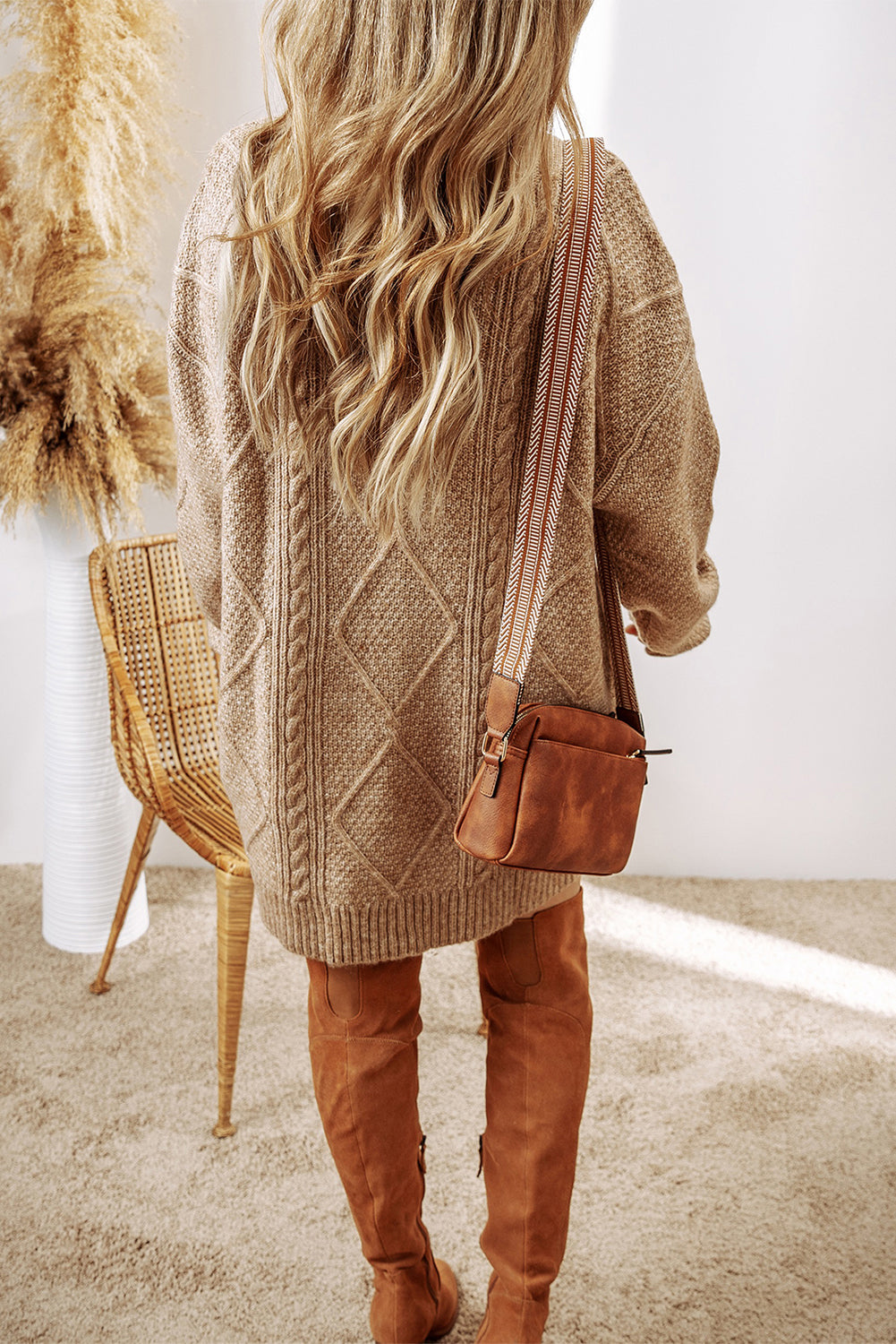 Coffee Twist Cable Knit Drop Shoulder Loose Fit Sweater Dress