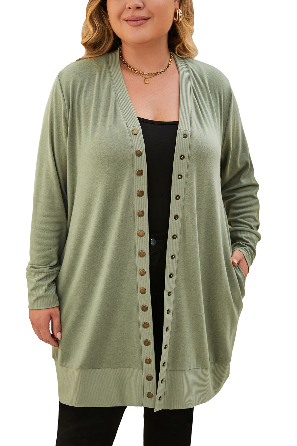 Green Plus Size Snap Buttons Front Knit Cardigan