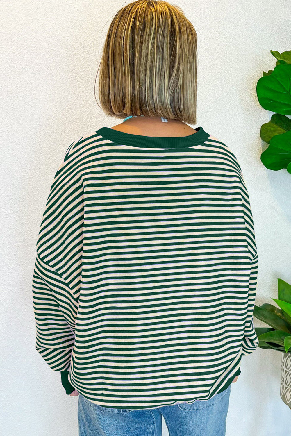 Green Stripe Turkey Pattern Drop Shoulder Pullover Top