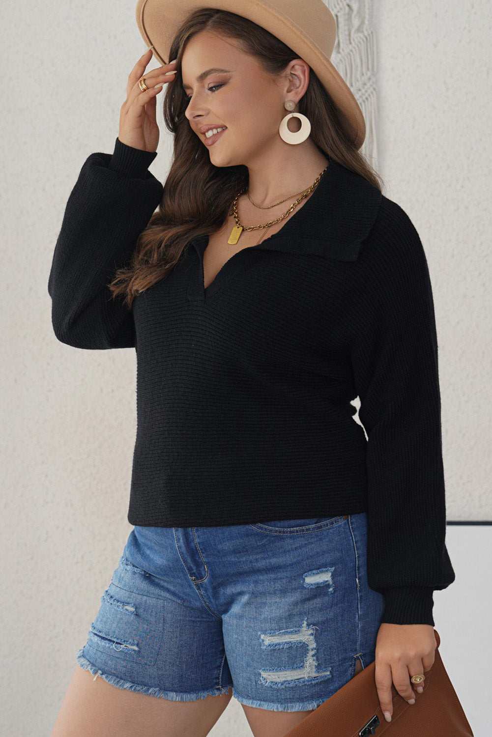 Black Ribbed Knit Lapel Neck Curvy Sweater