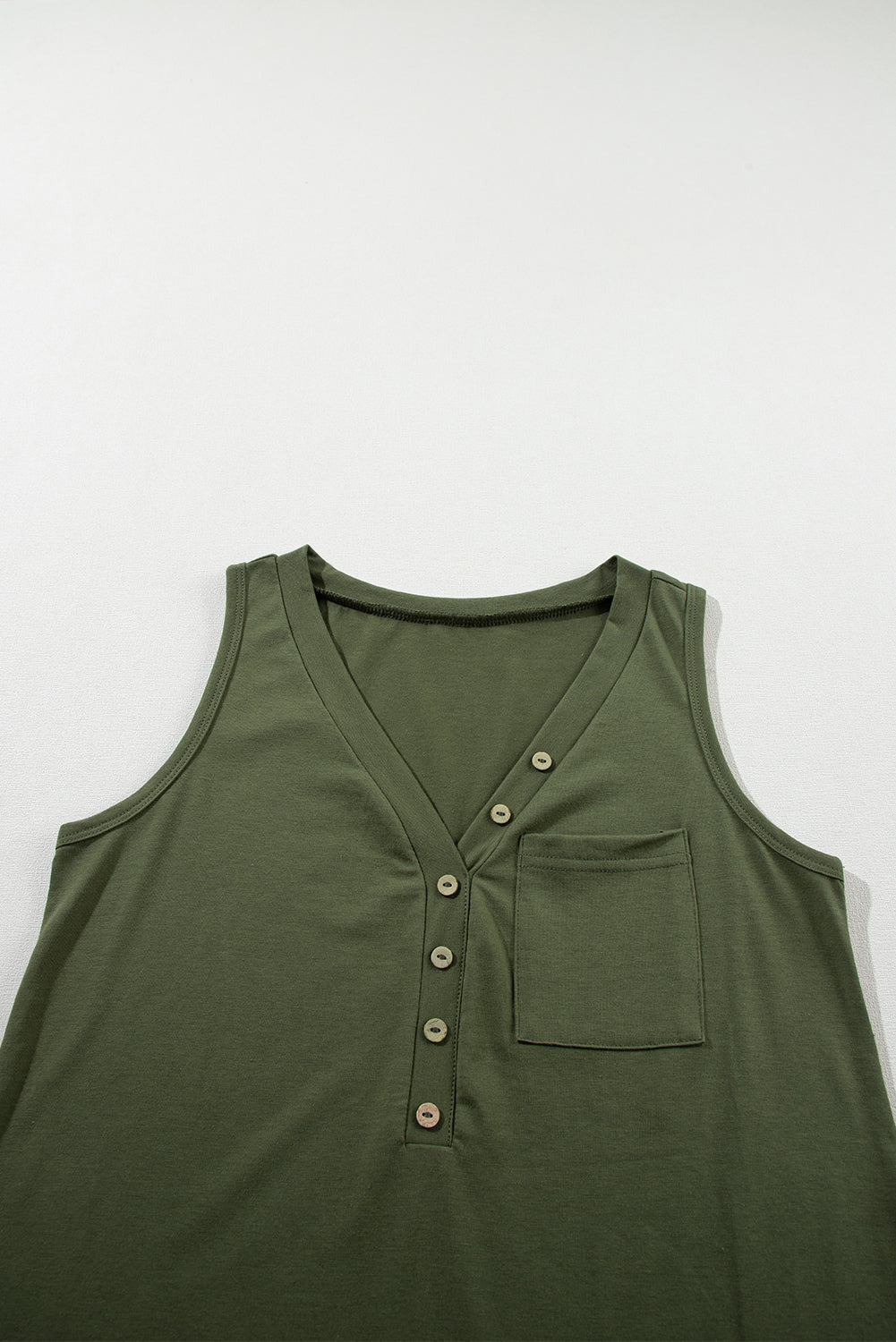 Jungle Green Half Button V Neck Patched Pocket Tank Top