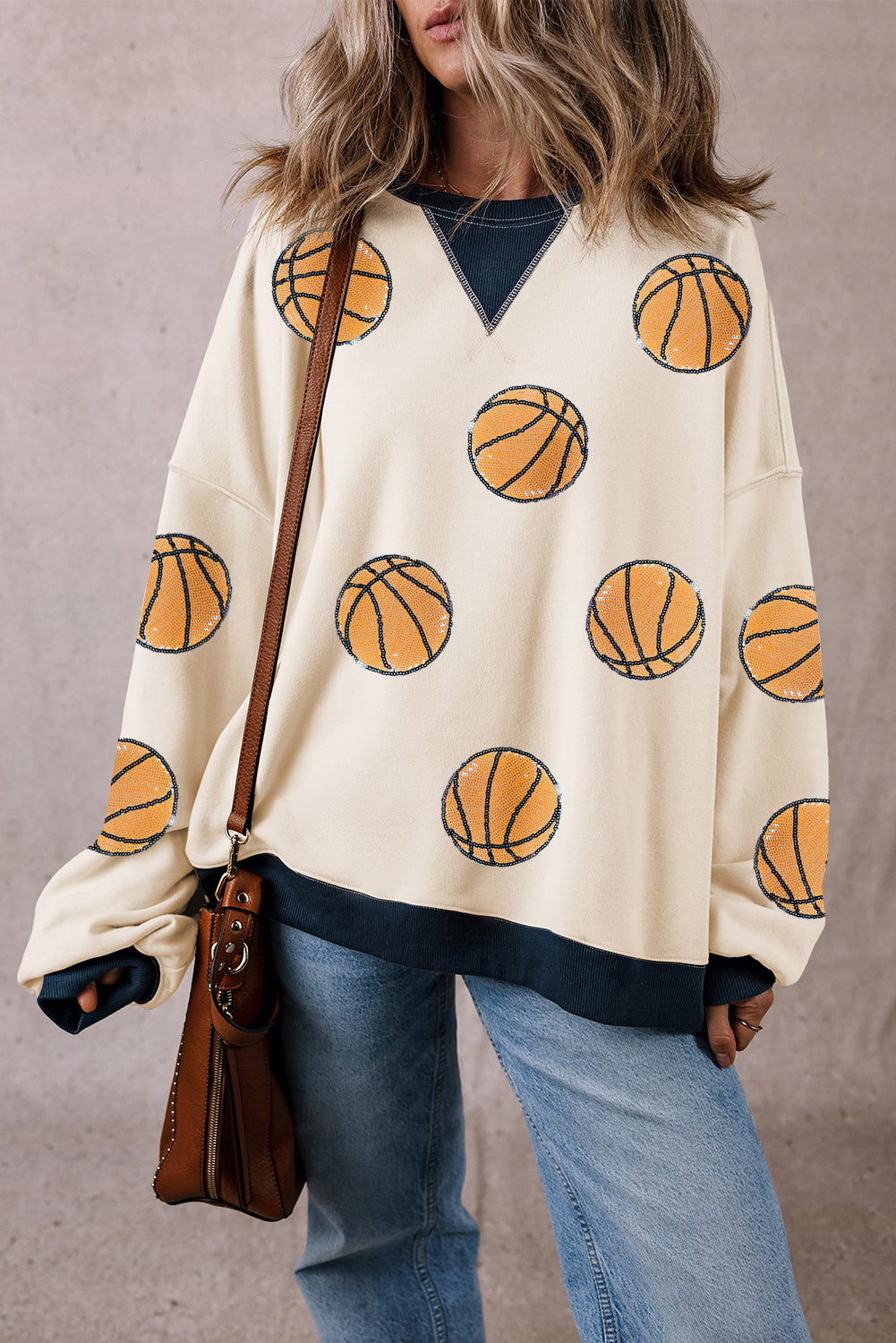 White Sequin Basketball Graphic Colorblock Edge Sweatshirt