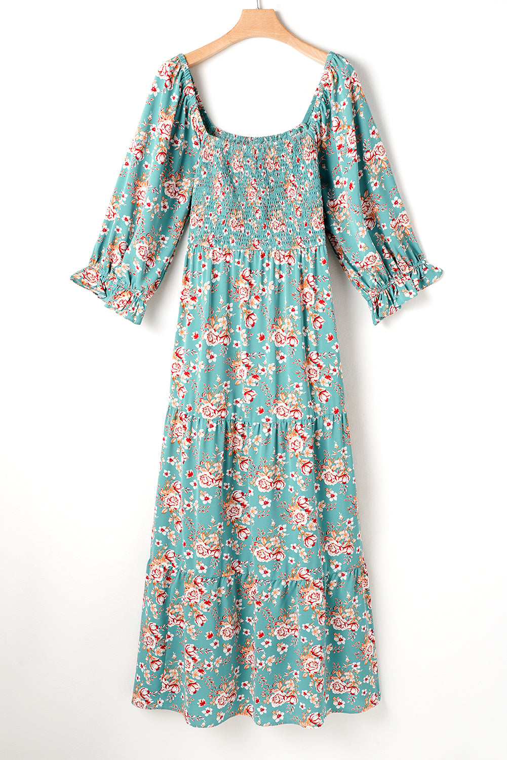 Green Plus Size Floral Print Square Neck Smocked Maxi Dress