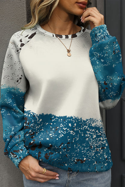 Blue Tie Dye Cow Color Block Pullover Sweatshirt