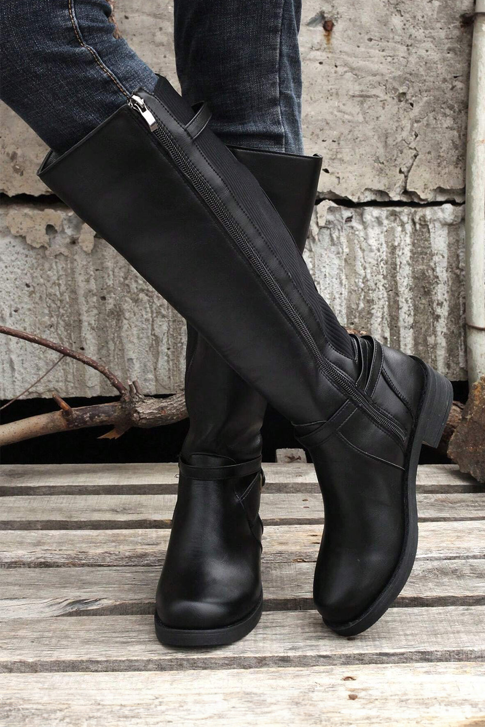 Black Side Zipper Knee High Chunky Low Heel Boots