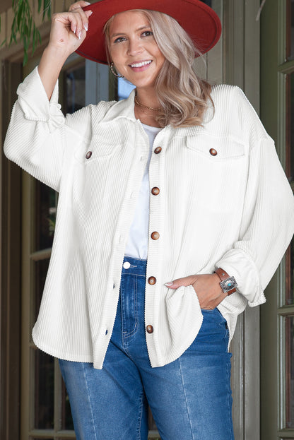 White Solid Corded Drop Shoulder Plus Size Shacket