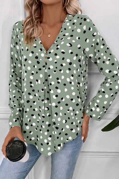 Green Polka Dot Print Button Front V Neck Blouse