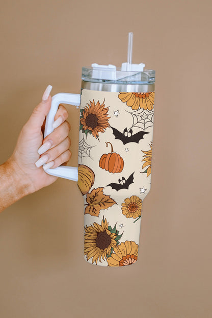 White Halloween Pattern Print Handled Stainless Steel Vacuum Cup 40oz