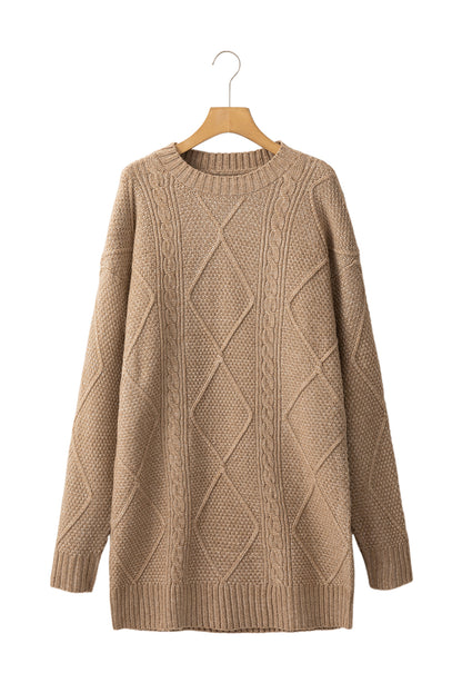 Coffee Twist Cable Knit Drop Shoulder Loose Fit Sweater Dress