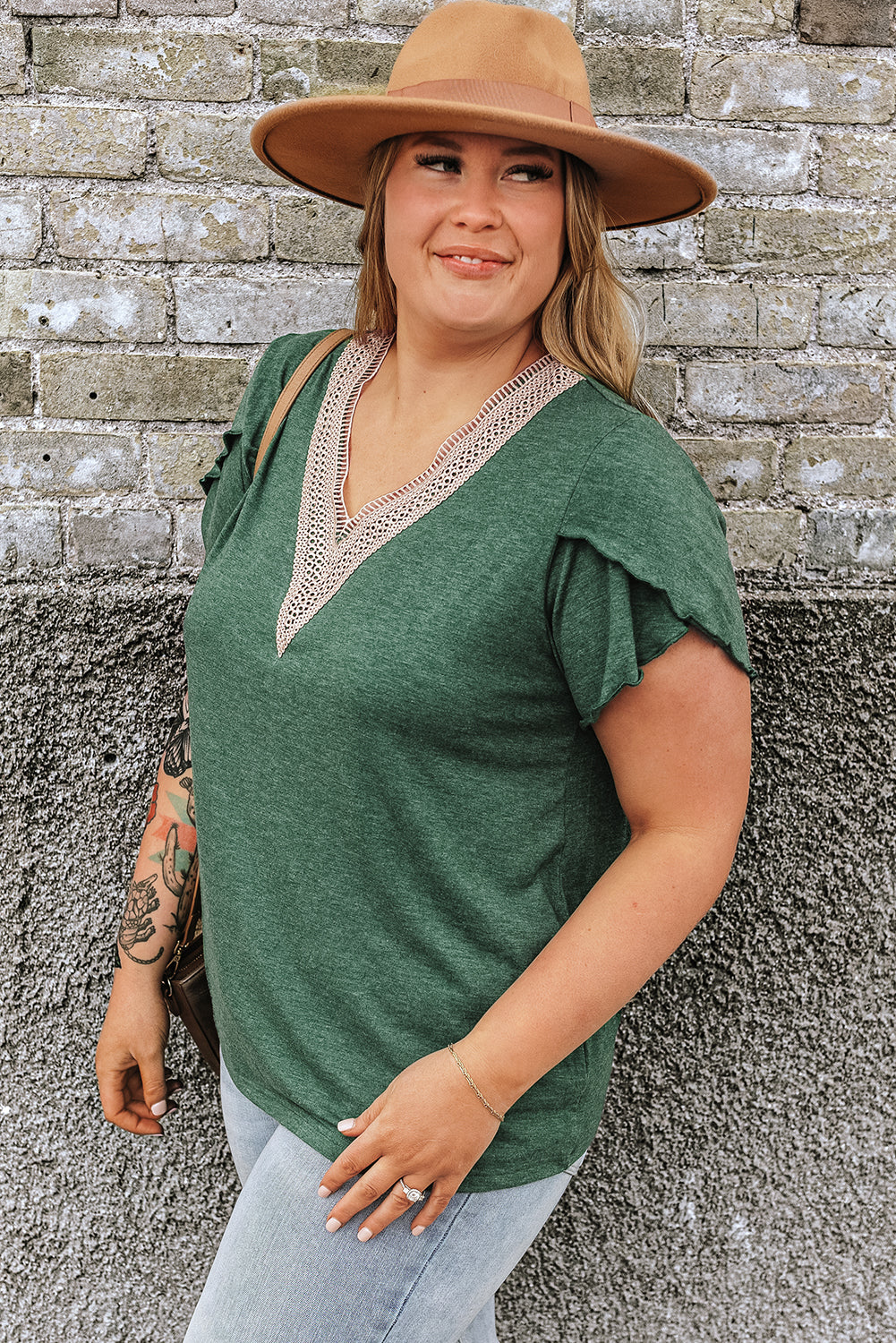 Blackish Green Plus Size Embroidery V Neck Draped Sleeve Blouse