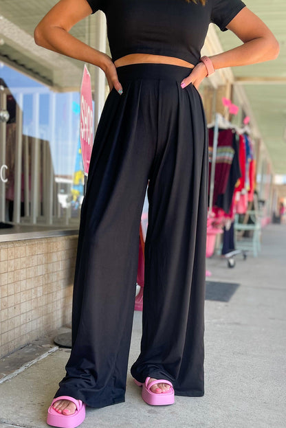 Black Slim Fit Crop Top and Pleated Wide Leg Pants Set