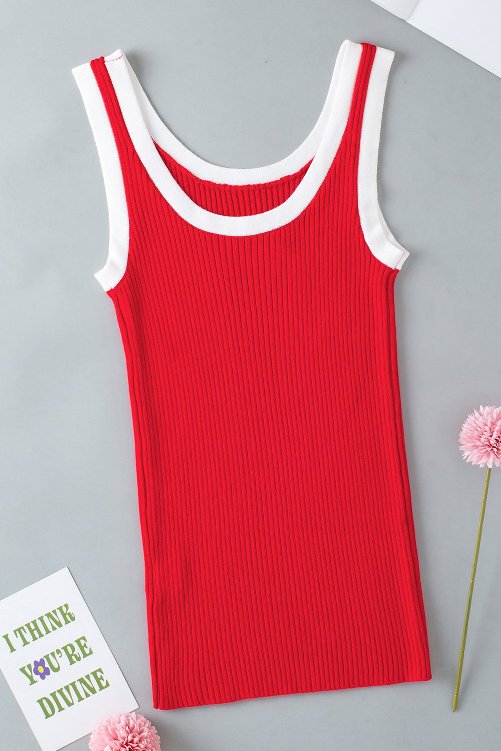 Fiery Red Colorblock Edge Ribbed Knit U Neck Tank Top