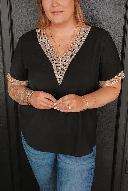 Black Lace Trim Short Sleeve V Neck Plus Size Top