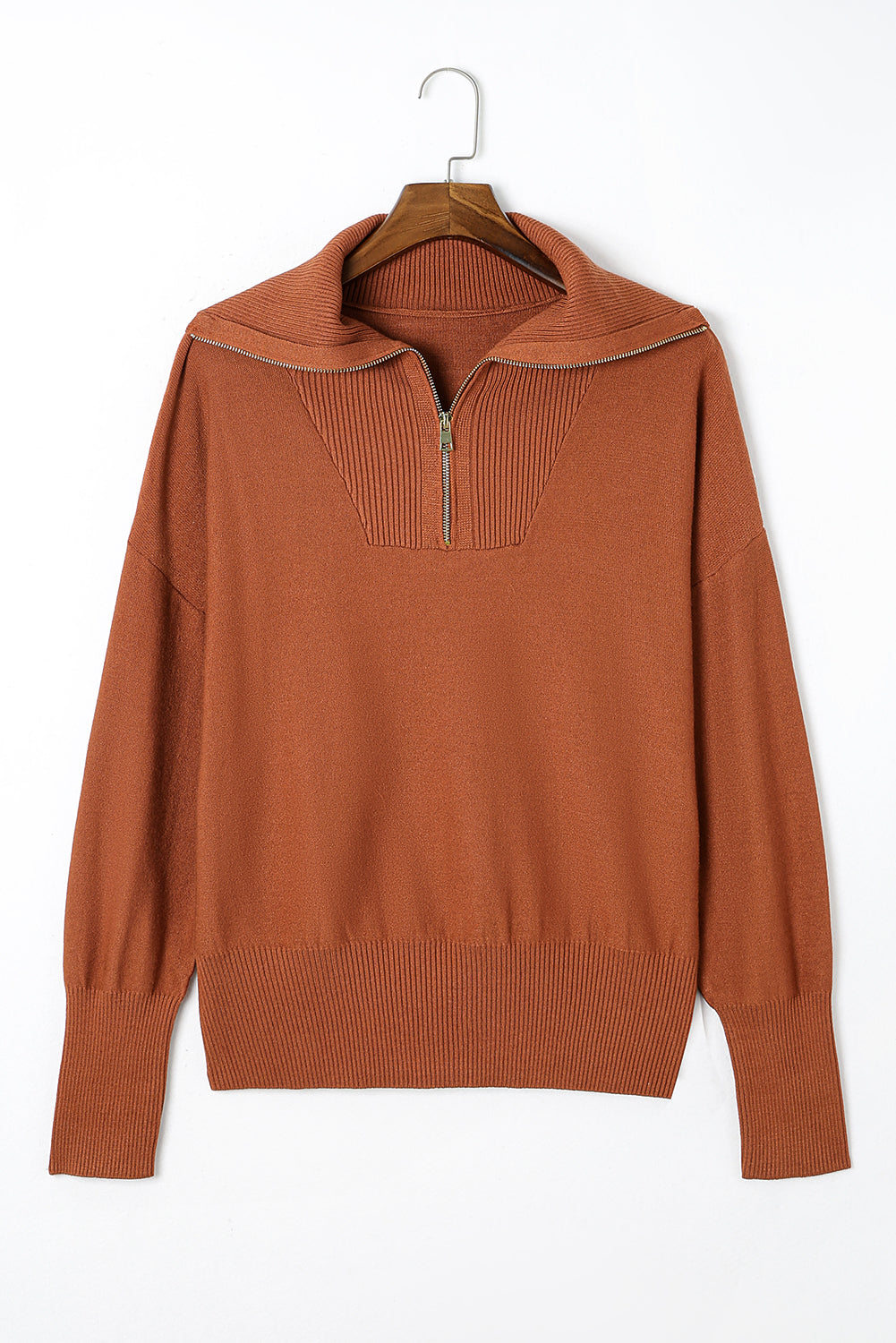 Brown Solid Ribbed Trim Plus Size Zip Collar Sweater